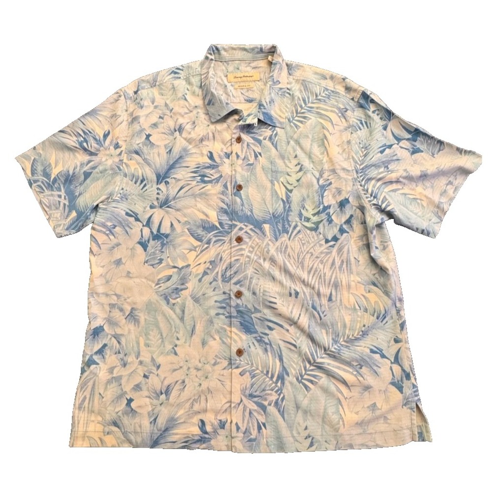 Tommy Bahama Original Fit Hawaiian Shirt Men's XL 100% Silk Blue Palm Print